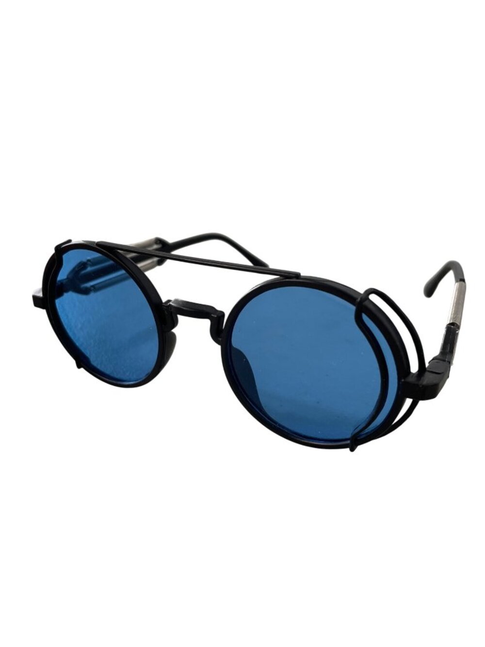 Steampunk Sunglasses Round Retro Blue Lens Black Frame Spring Side Arms Pouch